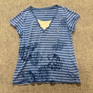 Style & Co Sport T-Shirt Women's Large V-Neck Striped Distressed Y2K